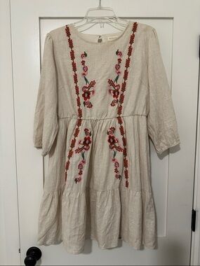 Roolee Cream Dress with Red & Pink Floral Embroidery size M